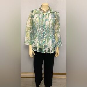 Coldwater Creek Green Aqua Floral Print Button-Down Shirt